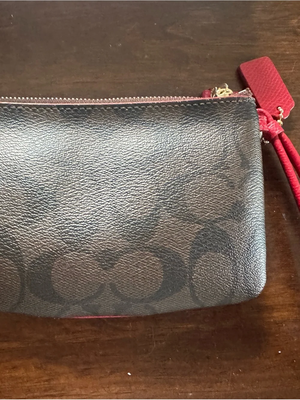 Coach Brown Signature Canvas Wristlet with Red Leather Stripe